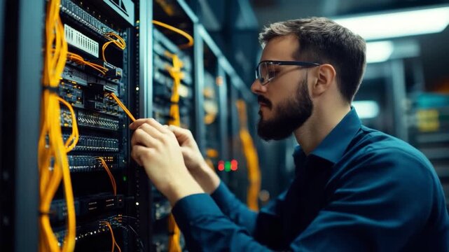 Network Administrator Hard at Work: A dedicated network administrator, meticulously ensuring the smooth operation of vital server systems, embodies the intersection of technology and expertise.