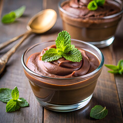 Rich chocolate mousse dessert in glass bowls garnished with fresh mint leaves