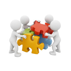 Team assembling colorful puzzle pieces isolated on a transparent background 1