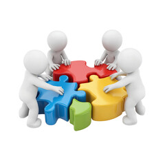 Four figures assembling colorful puzzle pieces isolated on a transparent background