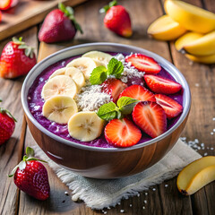 Healthy acai bowl topped with fresh strawberries and bananas