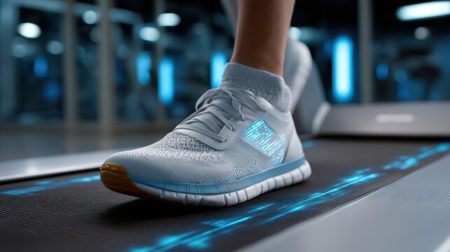 Close up of a person s foot wearing a futuristic sneaker on a treadmill with glowing blue accents - Powered by Adobe