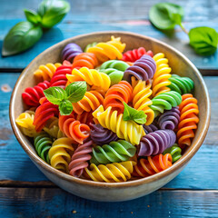 Colorful fusilli pasta in a bowl with fresh basil on blue wooden table