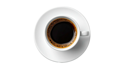 Overhead shot of a full coffee cup on a white saucer, against a black background, bubbles