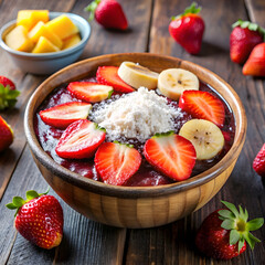 Healthy acai bowl topped with fresh strawberries and banana slices