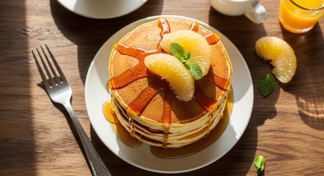Delicious Stack of Pancakes with Maple Syrup and Citrus Fruits on a Wooden Table