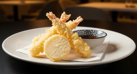 Delicious Tempura Dish On White Plate From A Japanese Restaurant Setting