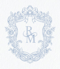 Baroque wedding crest with ribbon and floral ornament. Vintage monogram frame, floral emblem for wedding invitation and branding design. 