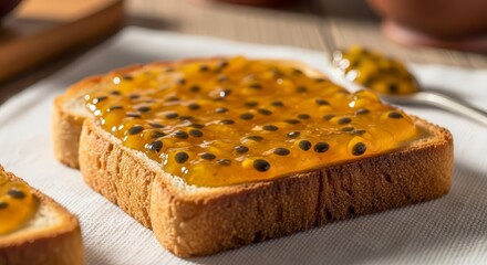 Delicious Toast Served With Fresh Passion Fruit Jam, A Tasty Food Combination