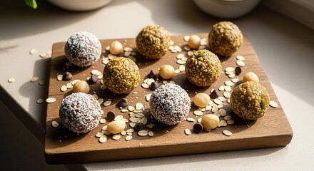 Delicious Assortment Of Energy Bites, Healthy Snacks, And Treats On A Wooden Board