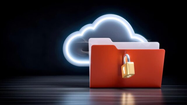 Cloud folder data security lock red glowing folder padlock encrypted storage protection backup