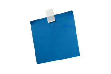 Blank blue square sticky note paper attached to a clean white background with a piece of translucent adhesive tape, ready for your personalized message or reminder or concept illustration