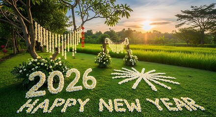 Happy New Year 2026 Celebration Floral Display in a Scenic Outdoor Setting