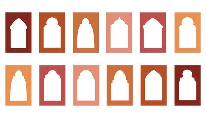 Ramadan arch frames with Arabic pattern. Indian vector windows and doors set for collage design. Oriental vintage gates for traditional Muslim decoration. Eastern flat borders on white background