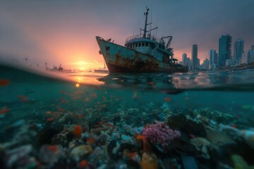 Obraz premium Vessel’s Silent Legacy: An aged vessel stands as a weathered testament to time, gracefully poised against a backdrop of a vibrant sunset, with a subtle metropolitan skyline at a distance. 