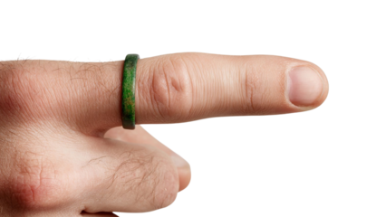 PNG of A man's hand with a distinctive green ring on the finger, emphasizing modern design and style.
