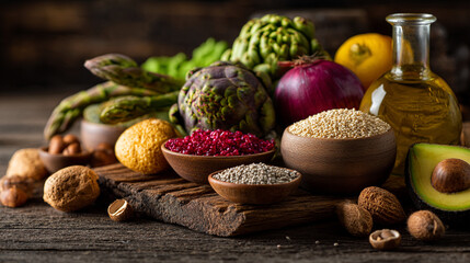 Still life featuring assorted healthy foods like artichokes quinoa and avocado on a wooden surface