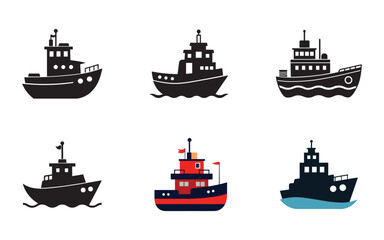 Collection of Cartoon Tugboats and Ships in Silhouette and Color Variation for Nautical and Maritime Themes