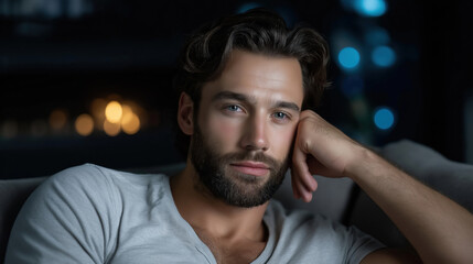 Fototapeta premium Young man relaxing indoors, deep in thought, evening light