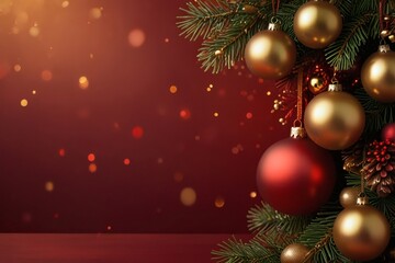 Fototapeta premium Festive christmas background with golden and red ornaments hanging on a christmas tree branch with bokeh lights