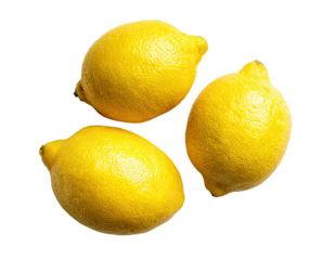 Three bright yellow lemons arranged in a loose cluster