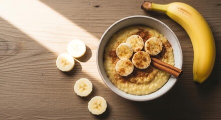 Delicious Banana Porridge Breakfast with Cinnamon and Fresh Fruit on Wooden Table