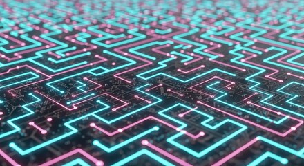 Futuristic digital data streams flowing across electronic circuit board neon lines