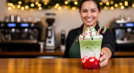 barista serving festive Christmas strawberry matcha drink