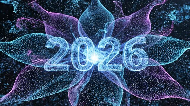 Dynamic particle animation unveiling 2026 over floral design, festive and futuristic  visuals