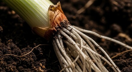Detailed Macro Photo: Fresh Green Onion Root System in Dark Soil Closeup