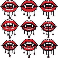 Dripping Vampire Lips Vector Set with Fangs and Blood