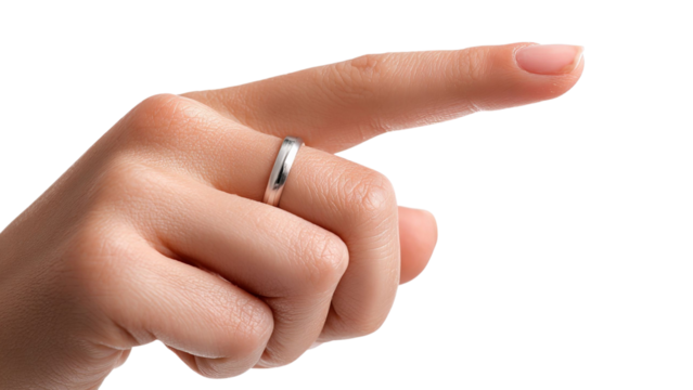 PNG of A close-up of a white female hand pointing with a silver ring on the ring finger, showcasing elegant fingers and skin texture.
