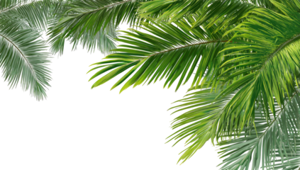 Tropical palm fronds fill the image's edges, vibrant green leaves
