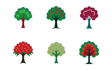 Fototapeta premium Collection of Colorful Stylized Trees Isolated on White Background Representing Different Seasons and Fruit Varieties for Graphic Design Projects