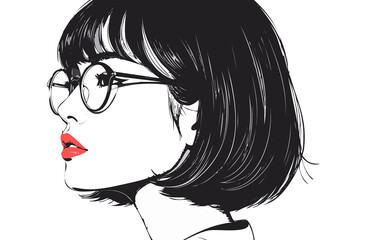メガネをかけたショートボブの女性の横顔イラスト素材