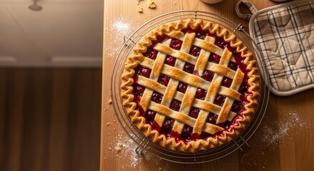 Delicious Cherry Pie on a Cooling Rack Ready to Eat on a Wooden Table
