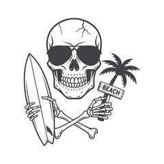 Skull Beach Surf Illustration – Gothic Tattoo Flash with Palm Tree & Surfboard for Dark Tropical Merch