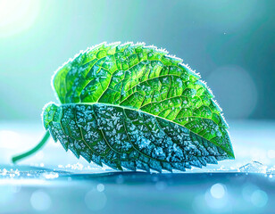 Macro Close-up of Frosted Mint Leaf with Ice Crystals