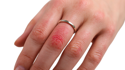PNG of A close-up of a hand with red skin marking from a recently removed silver ring.