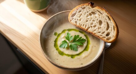 Delicious Creamy Soup With Fresh Bread And Herb Garnish In A Rustic Bowl