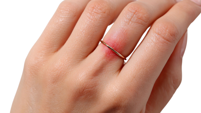 PNG of Close-up of a woman's hand showing a subtle ring mark on her finger, signifying love or commitment.