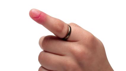 PNG of Close-up of a finger with a bandage highlighting a minor injury. A ring adorns the hand, showcasing a personal touch.