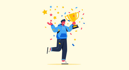 Achievement Celebration: Joyful Recipient Holding a Trophy Amidst Festive Confetti