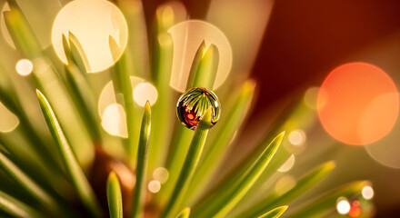 Macro photography of water droplet on pine needle twig