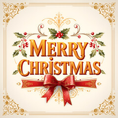 Obraz premium Elegant Merry Christmas Greeting Card with Red Ribbon and Holly Decoration