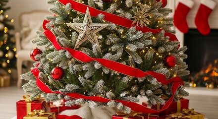 Festive Flocked Christmas Tree with Red Ribbons and Gifts.