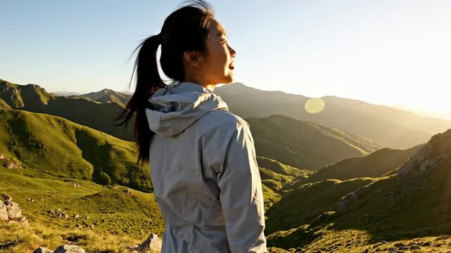 A serene moment unfolds as an adventurous person stands atop a breathtaking mountain range during the golden hour, gazing out at the vast, undulating green hills and dramatic peaks bathed in the warm 