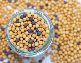 Top View of Yellow and Black Mustard Seeds in Glass Jar