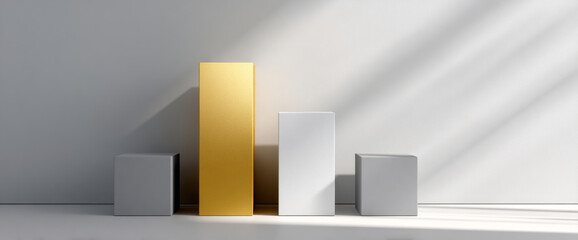 Minimalist podium with four rectangular blocks in varying heights and neutral colors under soft natural light and shadows