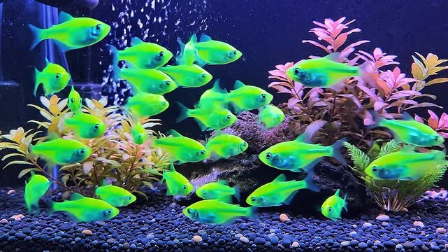 Neon green colors of GloFish pop under a specialized blue LED.